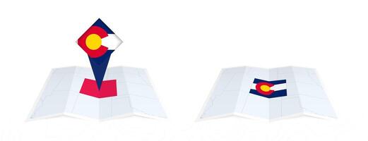 Two versions of an Colorado folded map, one with a pinned country flag and one with a flag in the map contour. Template for both print and online design. vector