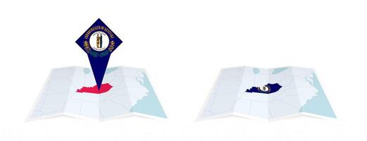 Two versions of an Kentucky folded map, one with a pinned country flag and one with a flag in the map contour. Template for both print and online design. vector
