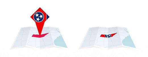 Two versions of an Tennessee folded map, one with a pinned country flag and one with a flag in the map contour. Template for both print and online design. vector