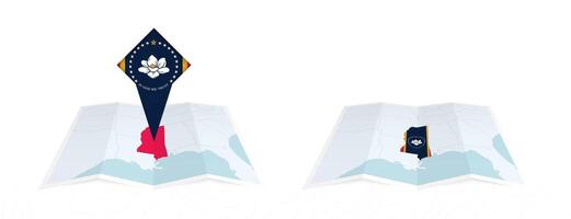 Two versions of an Mississippi folded map, one with a pinned country flag and one with a flag in the map contour. Template for both print and online design. vector