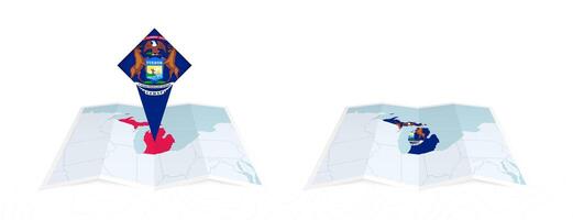 Two versions of an Michigan folded map, one with a pinned country flag and one with a flag in the map contour. Template for both print and online design. vector