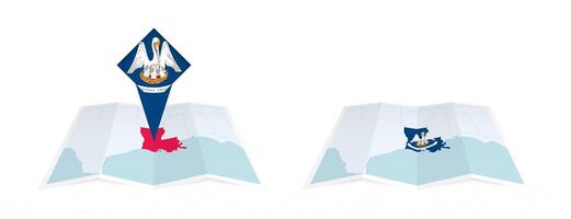 Two versions of an Louisiana folded map, one with a pinned country flag and one with a flag in the map contour. Template for both print and online design. vector