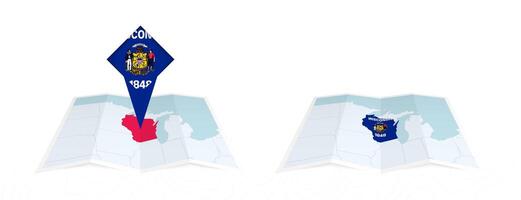 Two versions of an Wisconsin folded map, one with a pinned country flag and one with a flag in the map contour. Template for both print and online design. vector