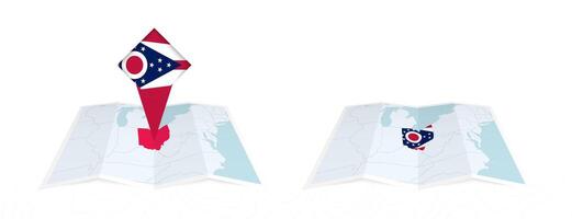 Two versions of an Ohio folded map, one with a pinned country flag and one with a flag in the map contour. Template for both print and online design. vector