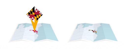 Two versions of an Maryland folded map, one with a pinned country flag and one with a flag in the map contour. Template for both print and online design. vector