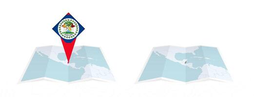 Two versions of an Belize folded map, one with a pinned country flag and one with a flag in the map contour. Template for both print and online design. vector