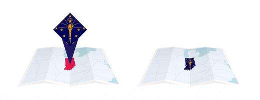 Two versions of an Indiana folded map, one with a pinned country flag and one with a flag in the map contour. Template for both print and online design. vector