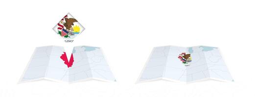 Two versions of an Illinois folded map, one with a pinned country flag and one with a flag in the map contour. Template for both print and online design. vector