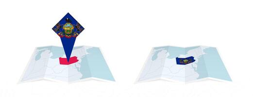 Two versions of an Pennsylvania folded map, one with a pinned country flag and one with a flag in the map contour. Template for both print and online design. vector