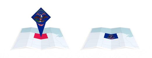 Two versions of an North Dakota folded map, one with a pinned country flag and one with a flag in the map contour. Template for both print and online design. vector