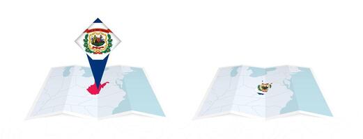 Two versions of an West Virginia folded map, one with a pinned country flag and one with a flag in the map contour. Template for both print and online design. vector