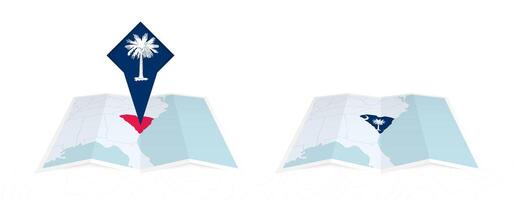 Two versions of an South Carolina folded map, one with a pinned country flag and one with a flag in the map contour. Template for both print and online design. vector