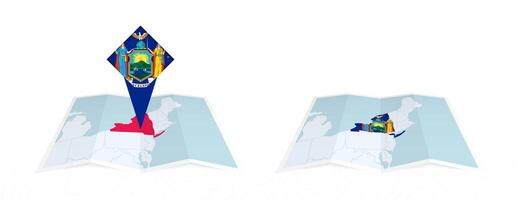 Two versions of an New York folded map, one with a pinned country flag and one with a flag in the map contour. Template for both print and online design. vector