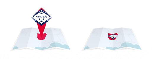 Two versions of an Arkansas folded map, one with a pinned country flag and one with a flag in the map contour. Template for both print and online design. vector