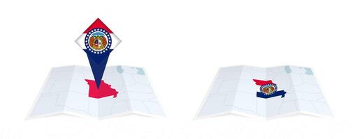 Two versions of an Missouri folded map, one with a pinned country flag and one with a flag in the map contour. Template for both print and online design. vector