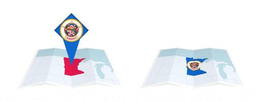 Two versions of an Minnesota folded map, one with a pinned country flag and one with a flag in the map contour. Template for both print and online design. vector