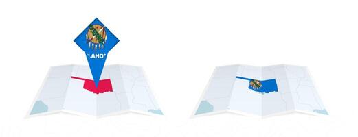 Two versions of an Oklahoma folded map, one with a pinned country flag and one with a flag in the map contour. Template for both print and online design. vector