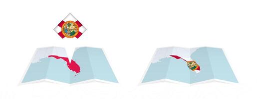 Two versions of an Florida folded map, one with a pinned country flag and one with a flag in the map contour. Template for both print and online design. vector