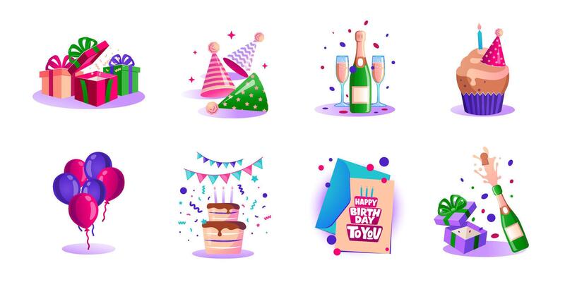 Birthday Party Icons Set with Champagne, Party Hats, Cake, Cupcake, Gift Box, Balloons, Celebration, Invitation