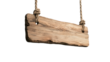 Weathered mockup wooden signboard suspended by nautical ropes, custom against transparent background ready for hanging messaging Copy space for text png