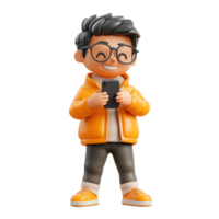 3d in happy avatar man bearded hiker using an orange puffer jacket icon a smartphone app, set against cutout isolated on a transparent background png