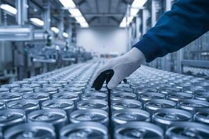 Gloved hand arranges aluminum cans in a factory setting, emphasizing quality control photo