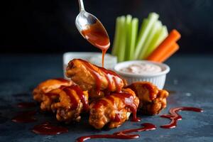 Golden chicken wings drizzled with red sauce, served with celery sticks and dipping sauce photo