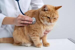 Ginger cat calmly examined by vet, stethoscope near chest, in a clean, simple setting photo