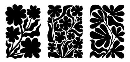 Set of groovy floral botanical black background in trendy naive retro hippie 60s 70s style. Vertical poster vector