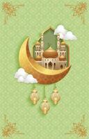 Islamic greeting card with crescent moon, mosque and lanterns, and green background vector