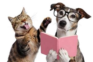 Playful cat and dog interact over a pink book, adding charm to the scene photo