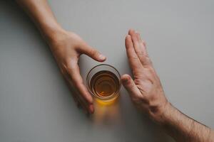 Hands interact with whiskey glass and refusal gesture, symbolizing choice and resistance photo