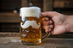 Hand holds frothy beer in a rustic pub setting with detailed foam and mug photo