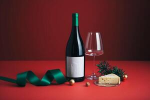 Wine bottle with white label rests on a red surface beside a glass and cheese plate photo