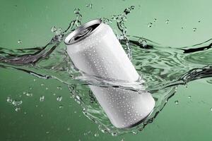 White beverage can floats amidst a dynamic water splash, set against a green background photo