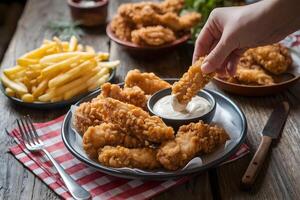Rustic wooden table features crispy fried chicken, fries, and a bowl of dipping sauce photo