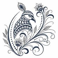 An ornate bird with a flower and leaves vector