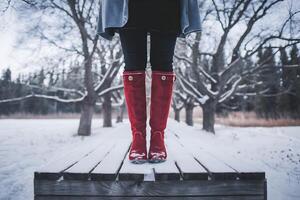 Red knee high boots on a wooden platform in a snowy winter setting photo