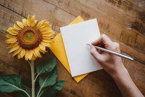 Sunflower and blank card rest on rustic wooden table, pen poised photo