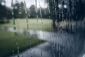 Rain droplets on a window with blurred greenery outside photo