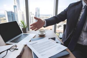 Man in suit extends hand towards contract, cityscape visible through window photo