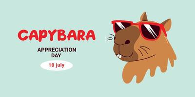 Capybara Appreciation Day July 10th. The cute, largest rodent the water pig. Handdrawn illustration, isolated on a light green backgroundd vector