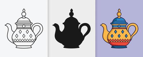Decorative Arabic tea pot and kettle in outline and silhouette style for Ramadan and Eid vector