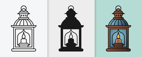 Islamic decorative lantern outline and silhouette set in a minimal flat style vector