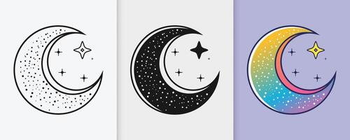 Islamic crescent moon and stars set in elegant outline and silhouette flat style vector