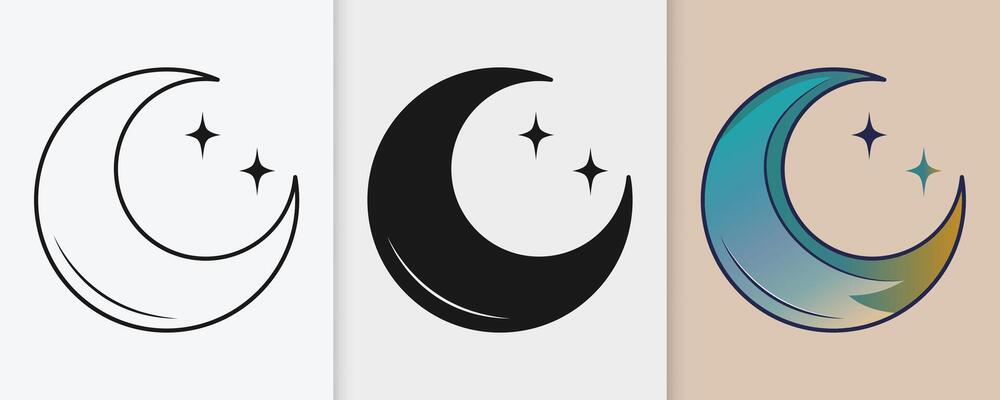 Traditional Eid crescent moon and stars in decorative outline and silhouette set
