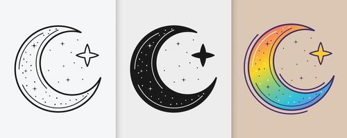 Crescent moon and stars Islamic outline and silhouette set in flat isolated design for Eid vector