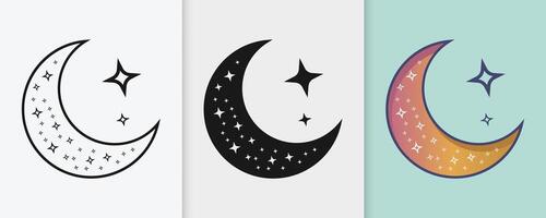 Crescent moon and stars Islamic icon set in minimalist outline and silhouette style vector