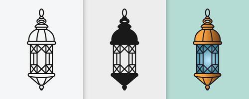 Hanging Ramadan lanterns in decorative outline and silhouette format vector