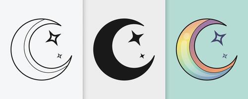 Ramadan and Eid crescent moon and stars in beautifully designed outline and silhouette set vector